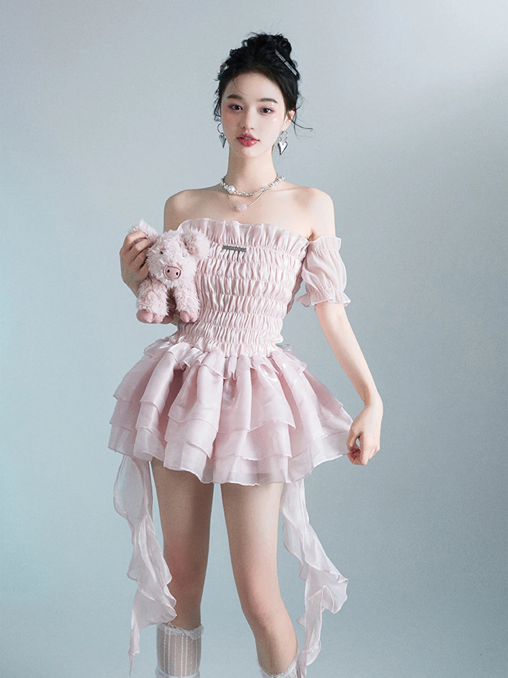 High Quality "slightly Smoked Rose" Pink Girl Retro Gentle Strapless Dress Design Feeling Fluffy Short Dresses Are Hot Selling
