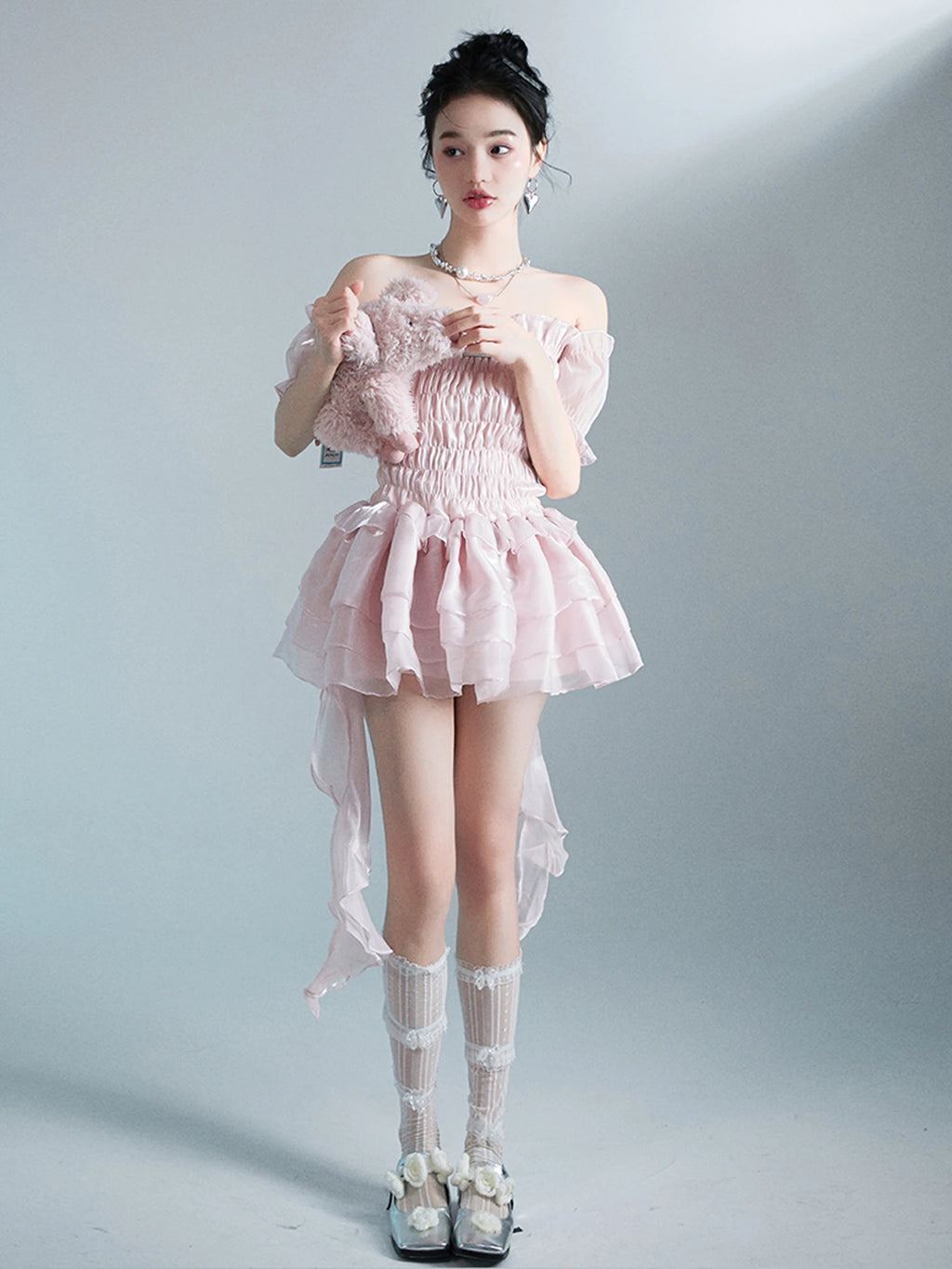 High Quality "slightly Smoked Rose" Pink Girl Retro Gentle Strapless Dress Design Feeling Fluffy Short Dresses Are Hot Selling