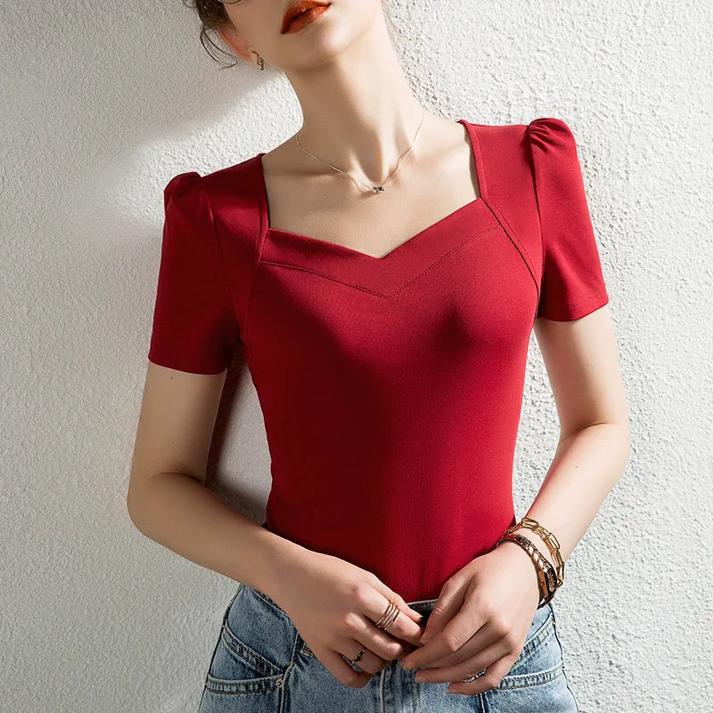 French Solid Color Bubble Sleeve T-Shirt women's short sleeve slim V-neck pure cotton white top summer S XL 2XL 3XL