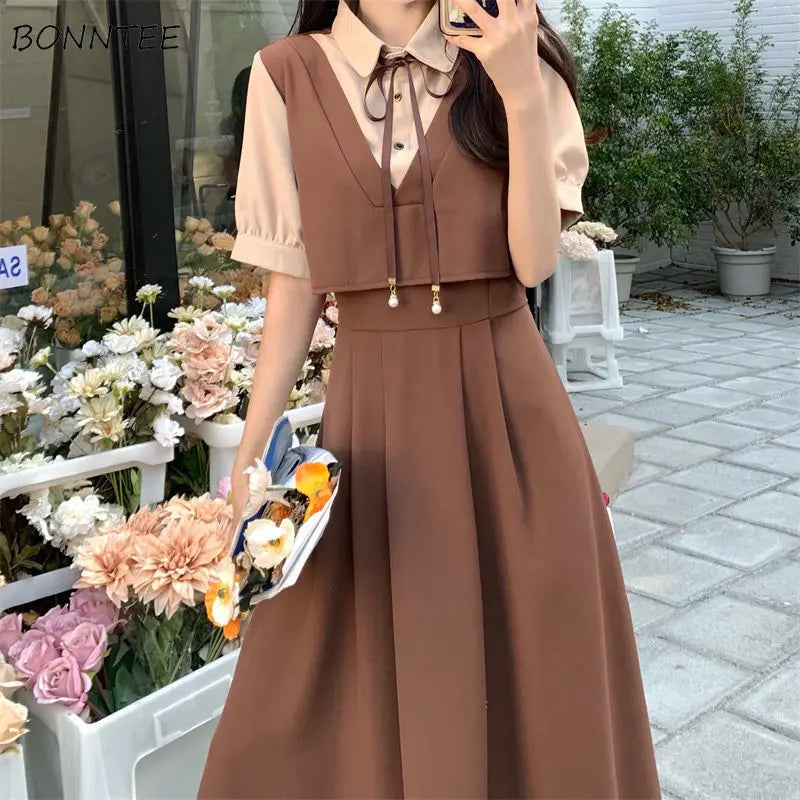 Short Sleeve Dresses Women Preppy Patchwork Elegant Young Summer Ins Korean Fashion Sweet A-line Simple Fake Two Pieces Vestidos