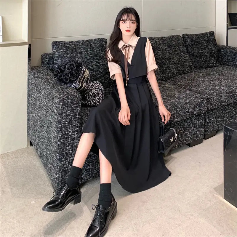 Short Sleeve Dresses Women Preppy Patchwork Elegant Young Summer Ins Korean Fashion Sweet A-line Simple Fake Two Pieces Vestidos