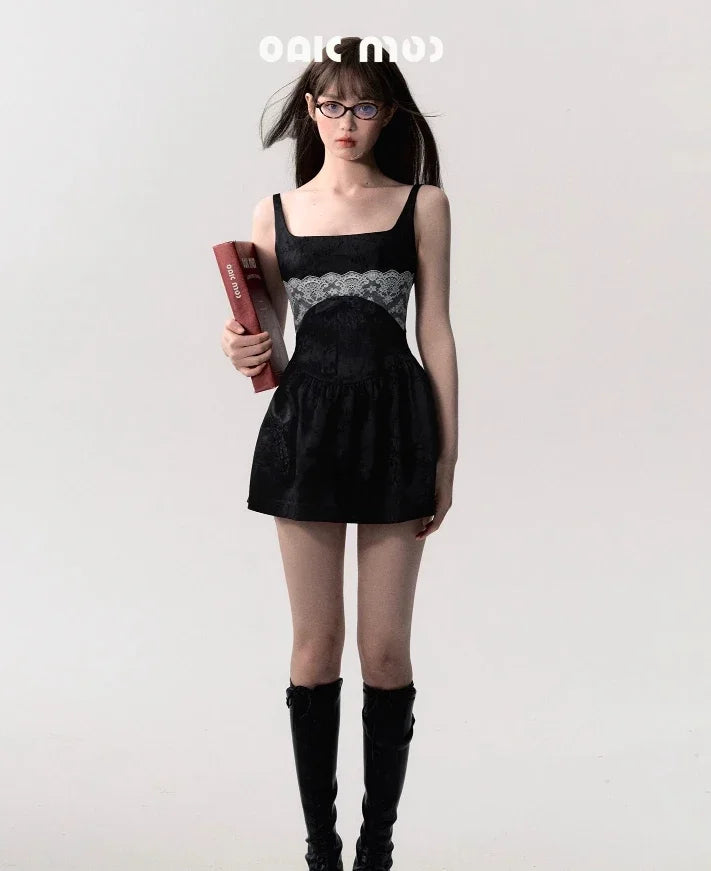 High Quality Hot Selling Lace Jacquard Spliced Dress with Bow Tie Waist Cinching Suspender Skirt Wholesale Vestidos Sexy Dress